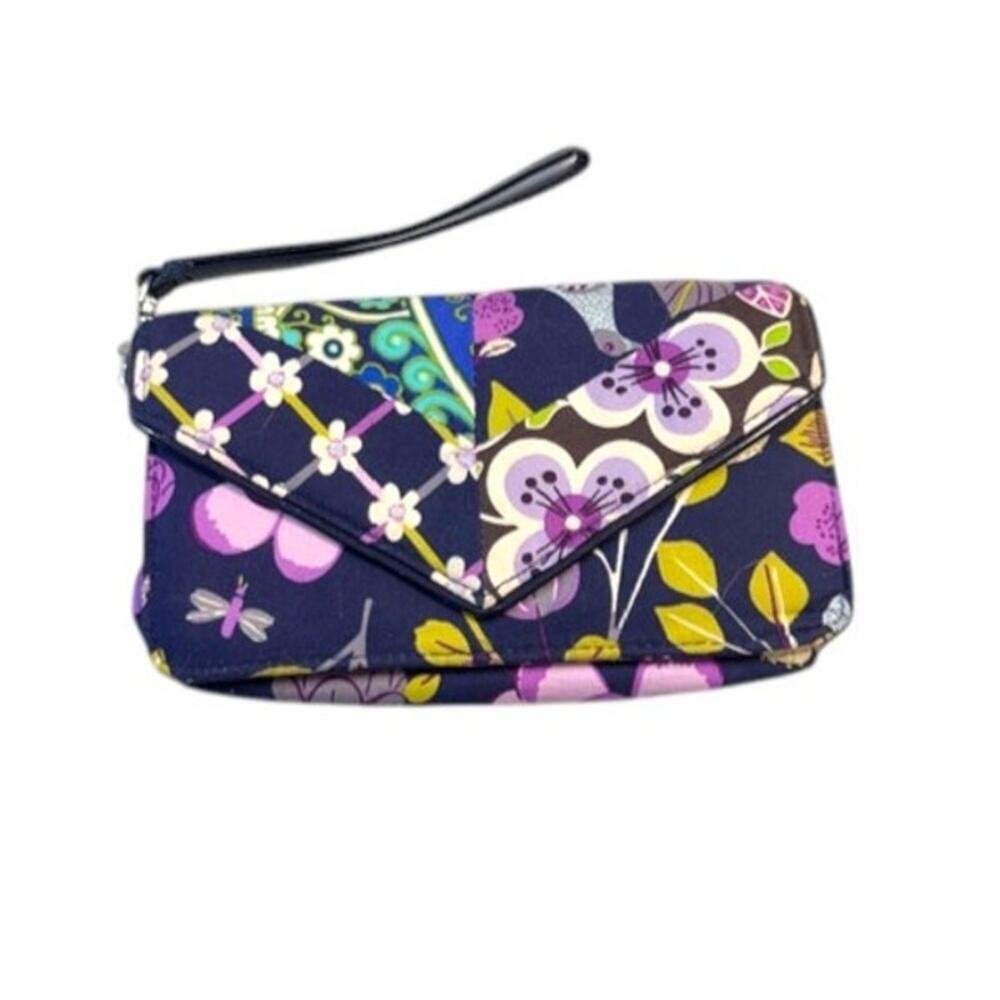 Vera Bradley Nightingale Envelope Wallet Navy Purple Floral Bird Wristlet Clutch